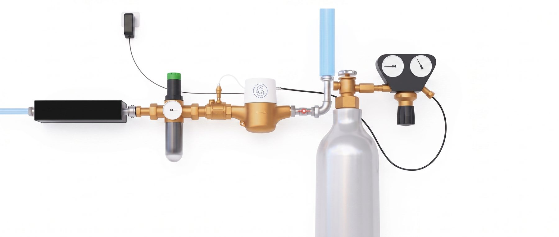 Esquema de la instalación de NOA en la entrada de agua: prefiltro, cartucho de inyección de CO₂, contador con válvula, botella de CO₂ de uso alimentario y regulador con doble manómetro.